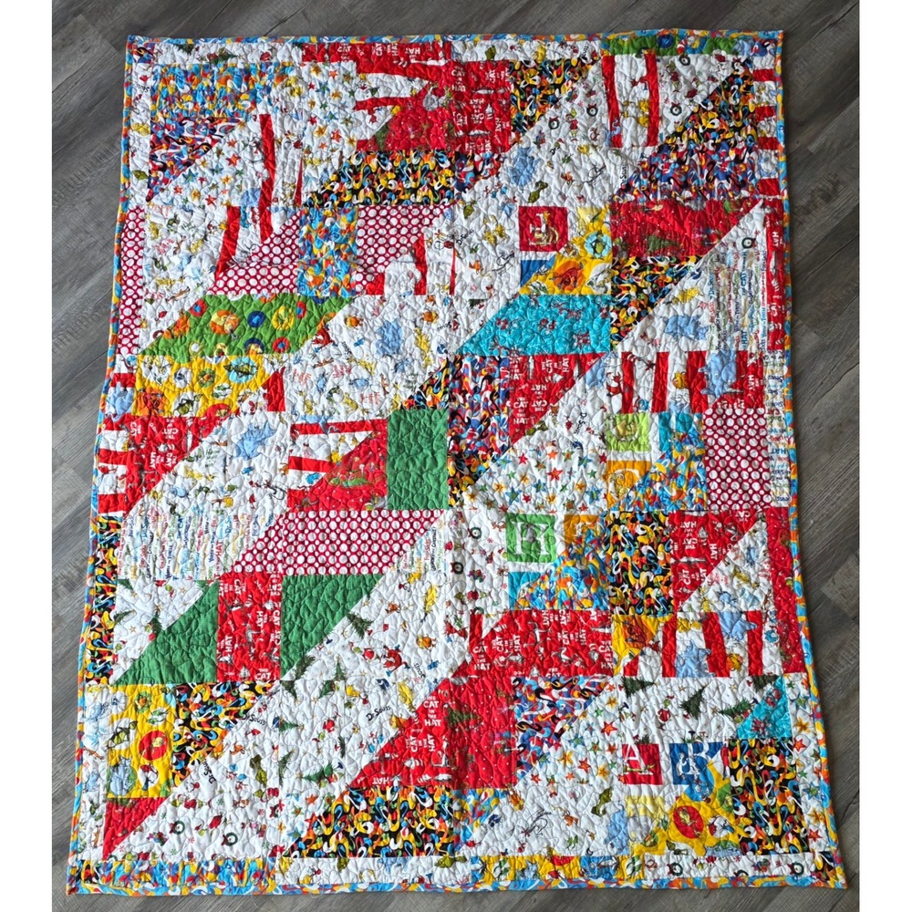 Handmade Dr Seuss Patchwork Quilt Cat in the Hat Horton Nursery Blanket 64x78